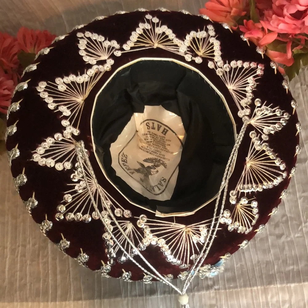 SALAZAR YEPEZ HATS maroon & silver beaded Mexican childs hat w/adjust neck strap